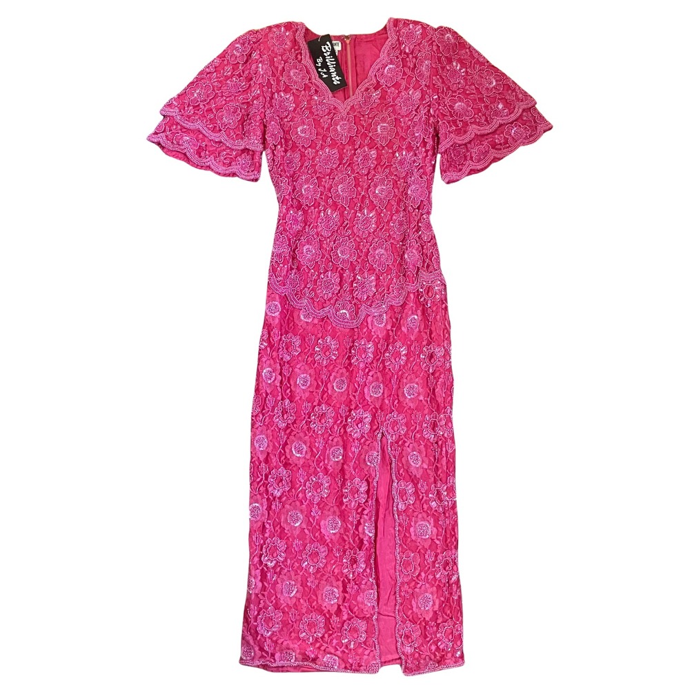 VTG 80s Formal Gown M Pink Beaded Lace Dress NWT Handmade Maxi‎ Elegant Bridal